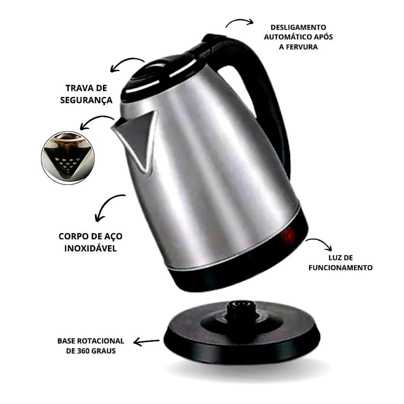 Chaleira Inox Elétrica 1.8L Com Desligamento Automático – Potente, Segura e com Base Giratória (1100W)
