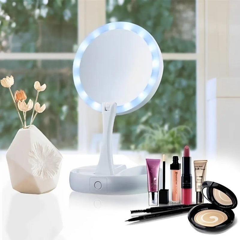 Espelho de Maquiagem com Luz LED, Dobrável e Zoom 10x – Alta Definição e Portabilidade