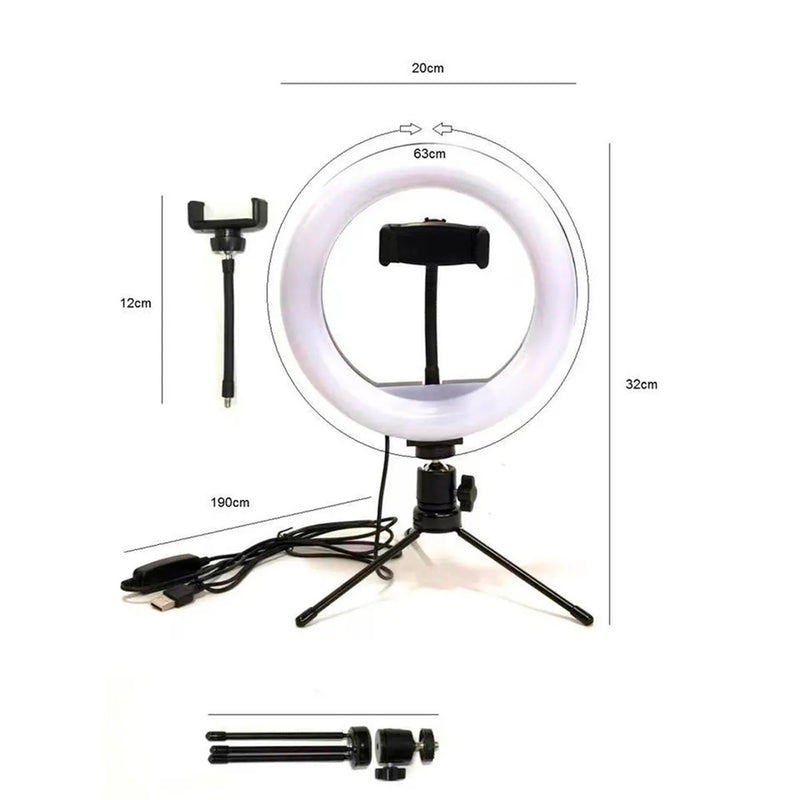 Anel Ring Light 8 Pol + Tripé De Mesa + Suporte Cel Vide