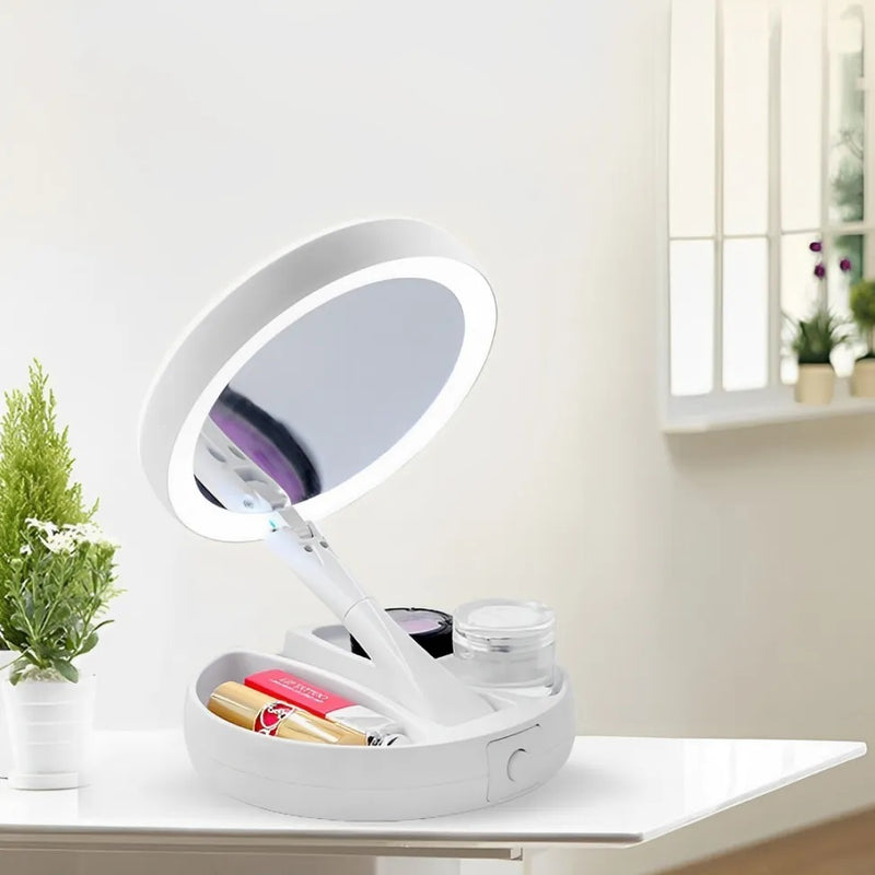 Espelho de Maquiagem com Luz LED, Dobrável e Zoom 10x – Alta Definição e Portabilidade