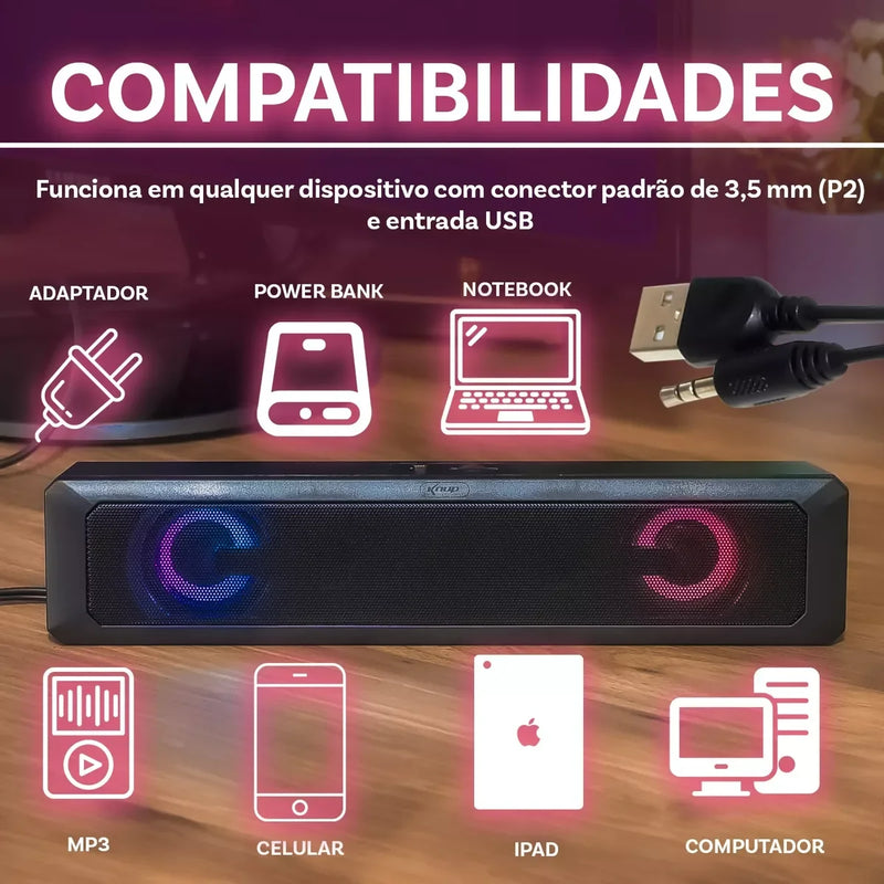 Caixa de Som Soundbar LED RGB – Compatível com TV, PC, Notebook e Celular