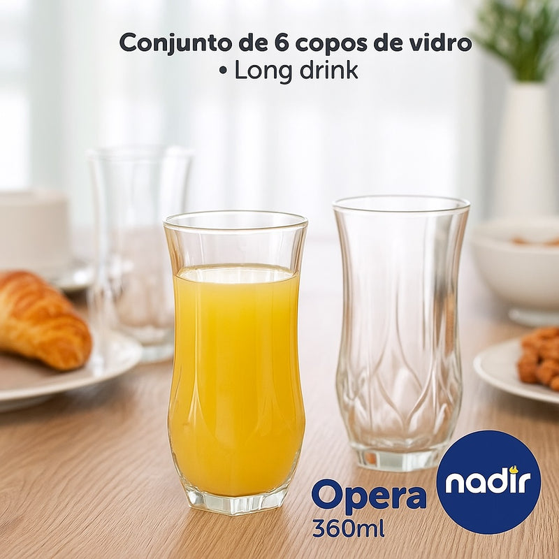 Conjunto 6 Copos de Vidro Nadir Opera 360ml – Para Bebidas Longas e Refrescantes