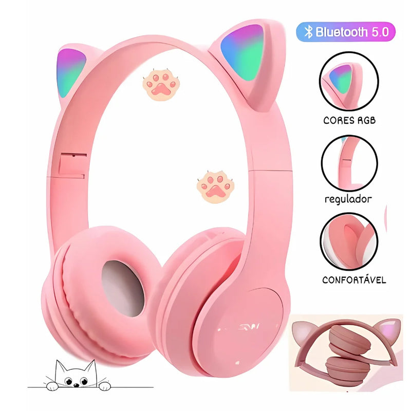 Fone Gamer Bluetooth Gatinho LED – Headset Estéreo Colorido