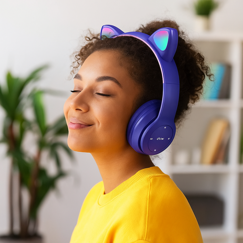 Fone de Ouvido Bluetooth Orelha de Gatinho LED – Colorido Meninas e Meninos