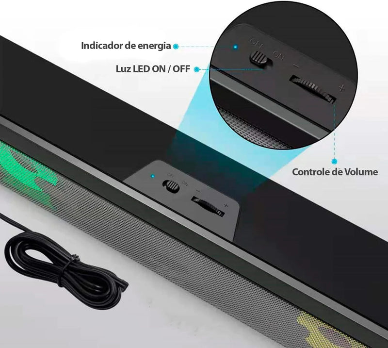 Soundbar Gamer com LED RGB 6W – Som Potente USB P2 para Computador e TV